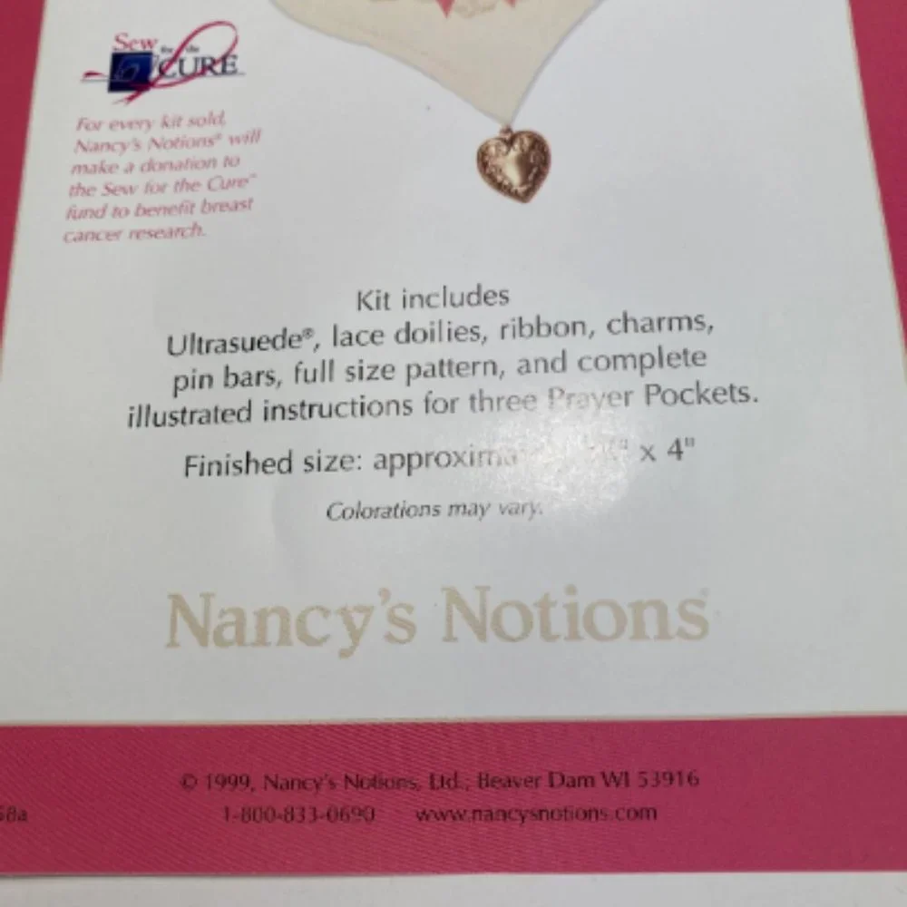 Prayer Pocket 3 Kits Nancy's Notions 'Sew For The Cure' Lace Charms 4
